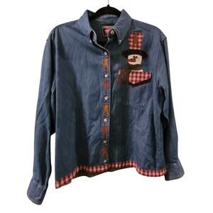 Vtg 90s Wrangler Womens Cropped Western Christmas Snowman Denim Shirt M